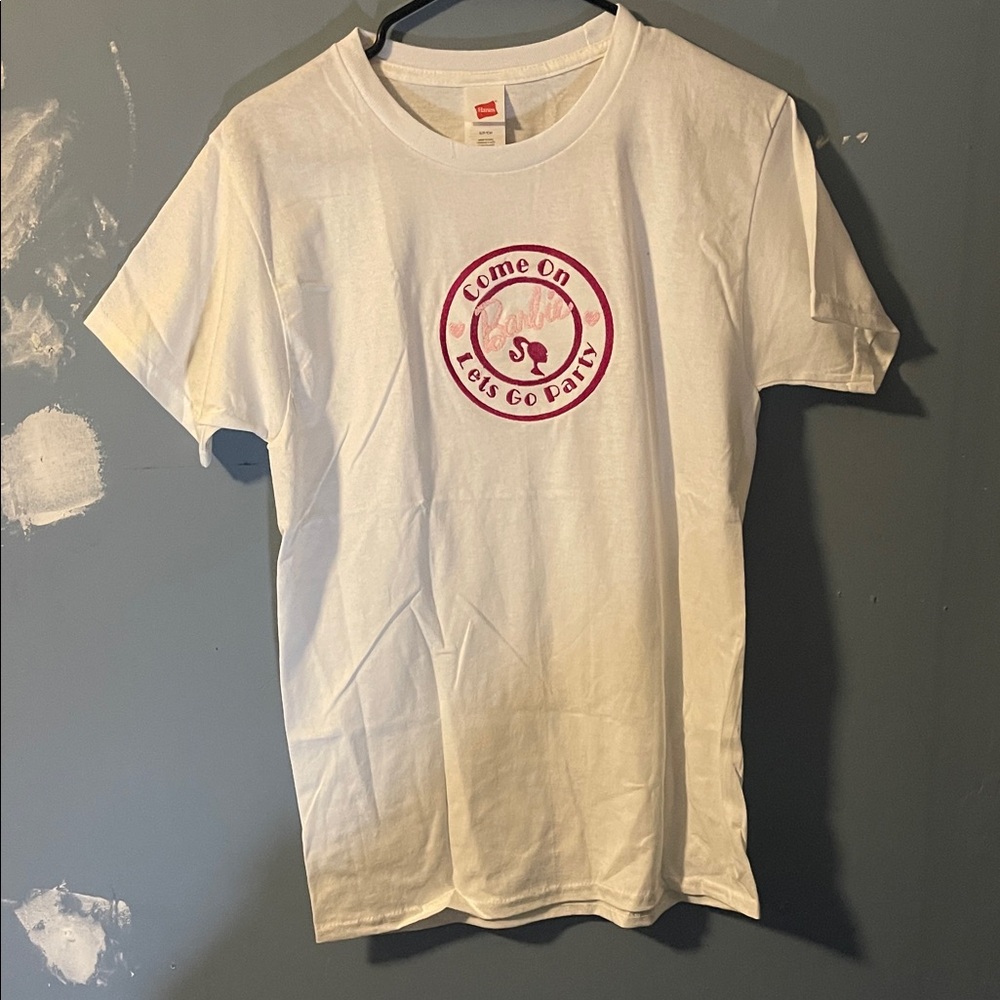 Come on Let’s Go Party Barbie White T-Shirt with Pink Graphic - Picture 3 of 4